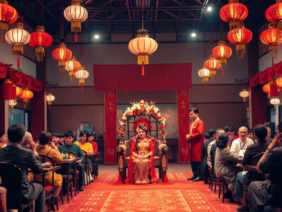 典雅中式传统婚礼现场布置,红色主题,花轿和灯笼装饰