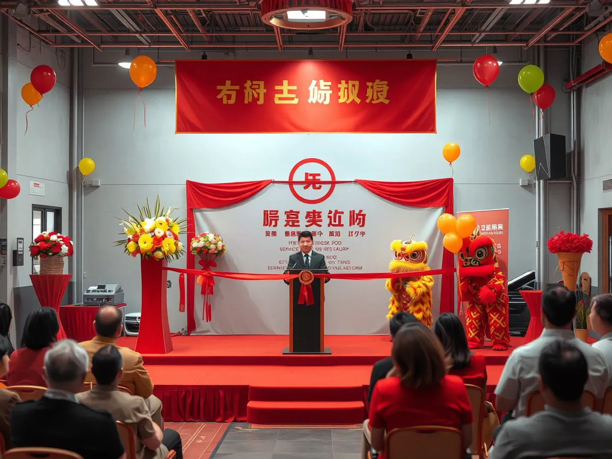商务开业庆典现场,红色舞台与剪彩仪式