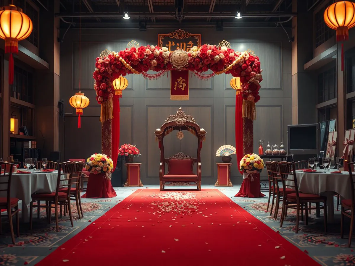 中式婚礼现场布置，红色与金色装饰，花轿和灯笼元素