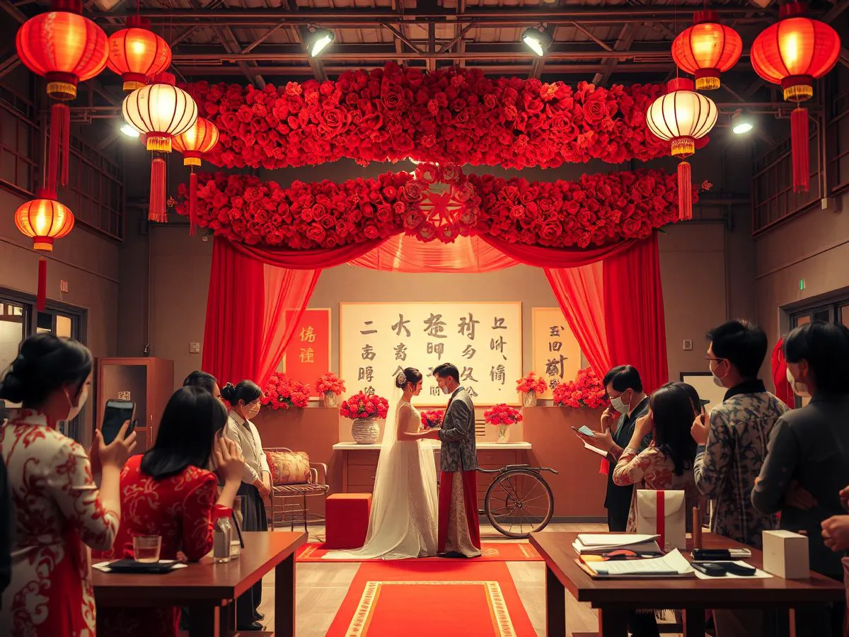 中式传统婚礼现场，红色主调，花轿灯笼，新人拜堂仪式